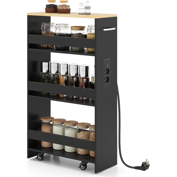 Costway Carrello A Nicchia 20 Cm, Carrello Da Cucina A 4 Livelli Con Stazione Di Carico, Scaffale A Nicchia Su Rotelle, Carrello Di Servizio Con Maniglia E Ringhiera, Scaffale Da Bagno, Nero-image