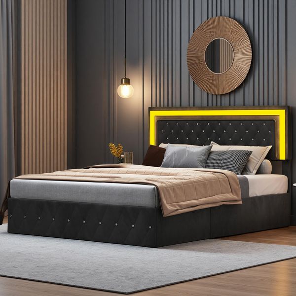 Unboxg Letto Imbottito 180X200 Cm, Struttura Letto Matrimoniale, Struttura Letto Idraulica Con Contenitore, Letto 160X200 Con Illuminazione Led E Stazione Di Ricarica, Velluto, Nero-image
