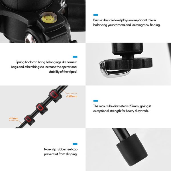 Andoer Q160H Treppiede Portatile Per Fotocamera, Attacco Orizzontale, Professionale Da Viaggio Con Testa A Sfera Panoramica A 360°, Universale Per Fotocamere DSLR-ILDC, Dv, Smartphone, Carico Massimo 5 Kg-image