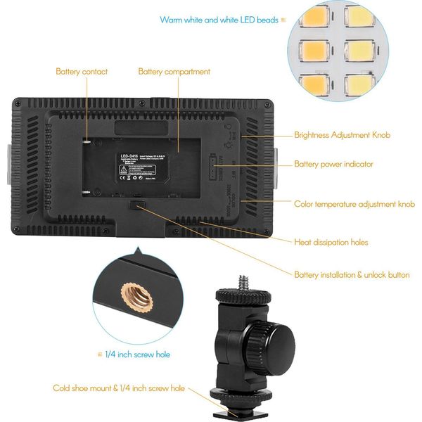 LED-416 Luce Video A Led, Pannello Professionale Per Fotografia On-Camera, 416 Perle Luminose, Temperatura Bicolore Regolabile, 3200-5600 K, Luminosità Dimmerabile Con Foro A Vite Da 1/4 Di Pollice, Attacco Cold Shoe, Testa A Sfera Per Studio All'aperto, Live Stream, Conferenza, Make-Up-image