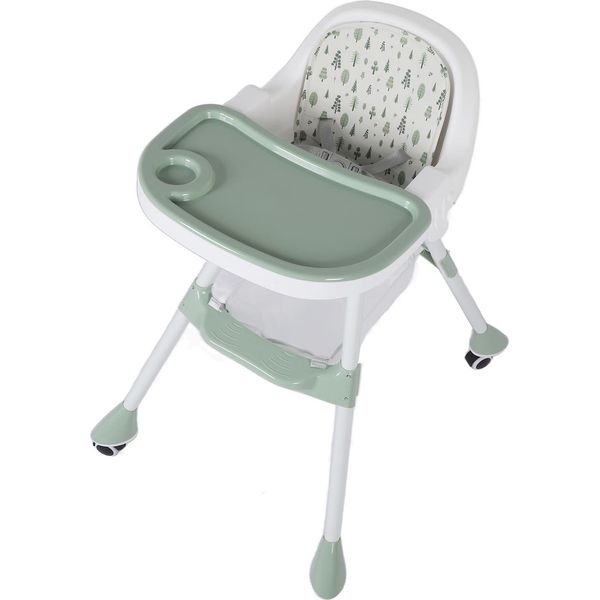 Seggiolone Pieghevole Per Bambini Con Doppio Vassoio, Ruote Silenziose, Altezza Di Alimentazione Regolabile E Salvaspazio, Verde-image
