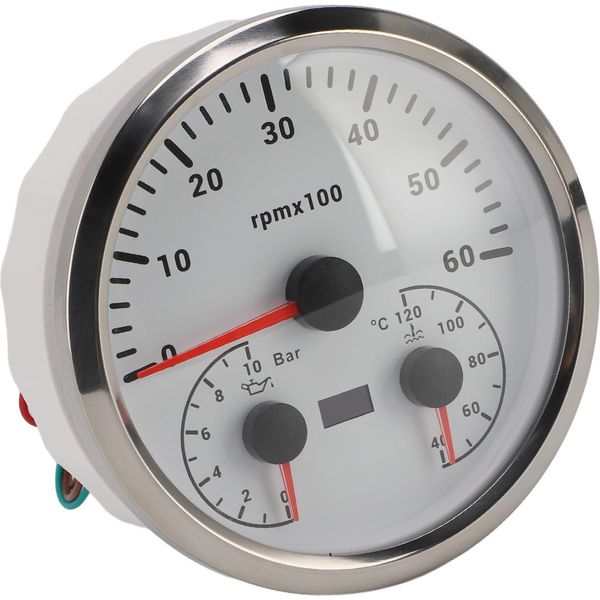 Tachimetro Elettrico 3 In 1, Manometro Dell'olio, Temperatura Dell'acqua, 4 3/8 Di Pollice, 6000 Giri/Min, Da 0 A 10 Bar, 40-120 °C, 7 Colori, Retroilluminazione, Per Camper, Yacht, Camion, Quadrante Bianco, Ghiera Argentata-image