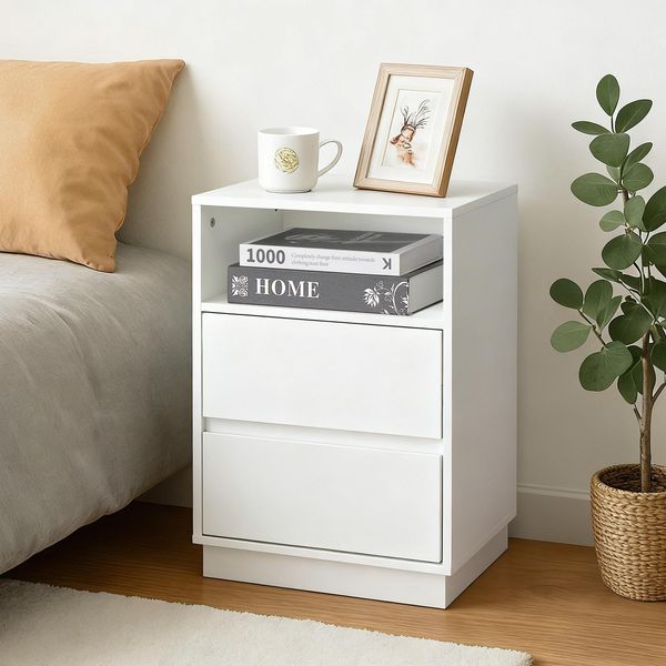 Comodino Fch Con 1 Vano A Giorno, 2 Cassetti, 40 X 30 X 60 Cm, Bianco-image