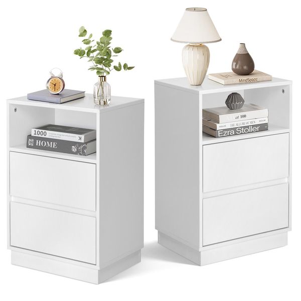 Comodino Fch, Set Di 2, Con 1 Scomparto Aperto, 2 Cassetti, 40 X 30 X 60 Cm, Bianco-image