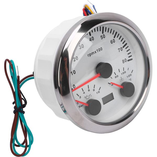 Tachimetro 3 In 1 Da 85 Mm, 8000 Giri/Min, Da 40 A 120 °C, Temperatura Dell'acqua, 0,10 Bar, Pressione Dell'olio, Retroilluminazione A 7 Colori Per Auto, Camion, Barca, Quadrante Bianco, Ghiera Argentata CX8290-image