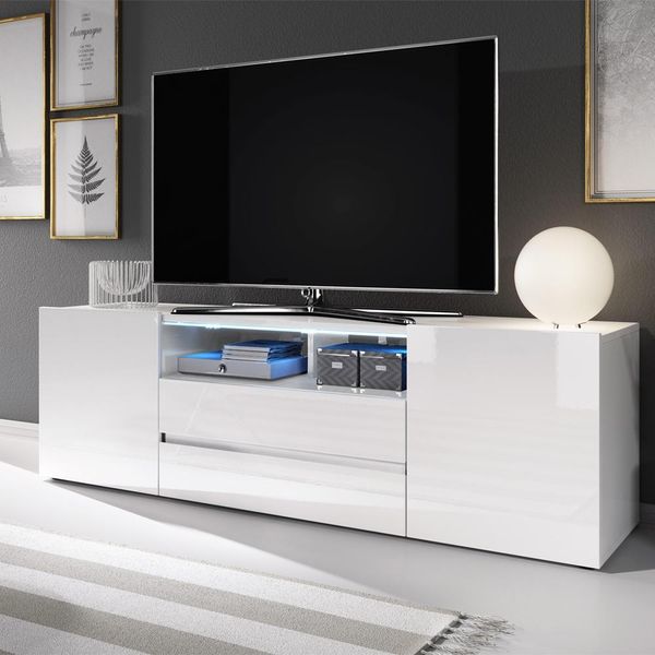 Tavolino Tv Selsey Bros - Tavolo Tv In Bianco Opaco / Bianco Lucido Con Illuminazione Led, Larghezza 137 Cm-image