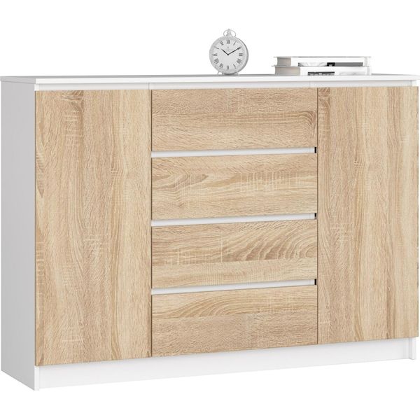 Akord Comò 2 Ante 4 Cassetti Bianco/Rovere Sonoma 138X40X99 Cm-image