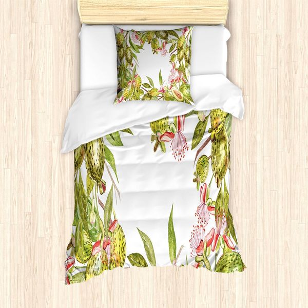 Set Copripiumino Abakuhaus, Pianta Tropicale Feijoa Con Foglie Su Sfondo Semplice, 135 X 200 Cm + 80 X 80 Cm, Verde Corallo-image