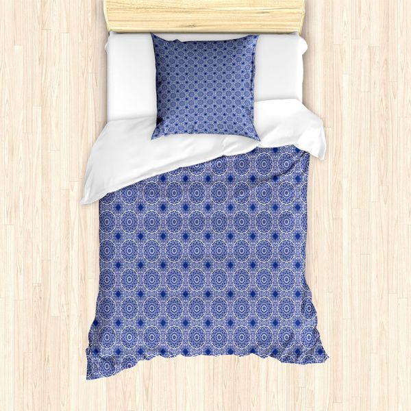 Abakuhaus Set Copripiumino Blu Mandala Per Letti Singoli, Motivo Floreale Orientale Astratto, Antiacaro, Adatto A Chi Soffre Di Allergie, Con Federa, 135 Cm X 200 Cm - 80 X 80 Cm, Blu Cielo Scuro E Bianco-image