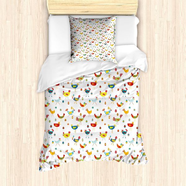 Abakuhaus Set Copripiumino Vivace, Galline E Uova Ripetitive Scarabocchi Colorati Su Sfondo Semplice, 135 X 200 Cm + 80 X 80 Cm, Giallo Verde Azzurro-image