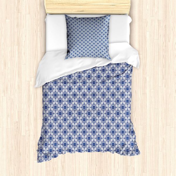 Abakuhaus Set Copripiumino Marocchino Per Letti Singoli, Damasco Tradizionale Floreale, Antiacaro, Adatto A Chi Soffre Di Allergie, Con Federa, 135 Cm X 200 Cm - 80 X 80 Cm, Bianco Sporco E Blu Cielo Scuro-image