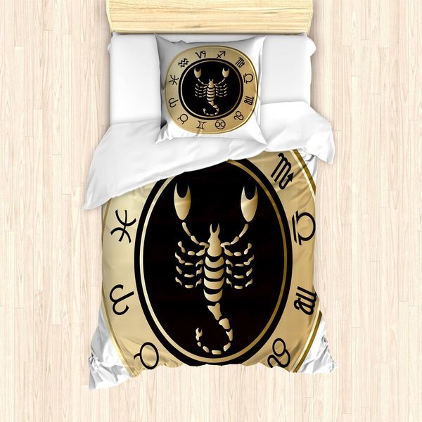 Abakuhaus Set Copripiumino Zodiaco Scorpione, Dodici Segni In Un Cerchio Con Lo Scorpione Al Centro, 135 X 200 Cm + 80 X 80 Cm, Marrone Sabbia Bianco Nero-image