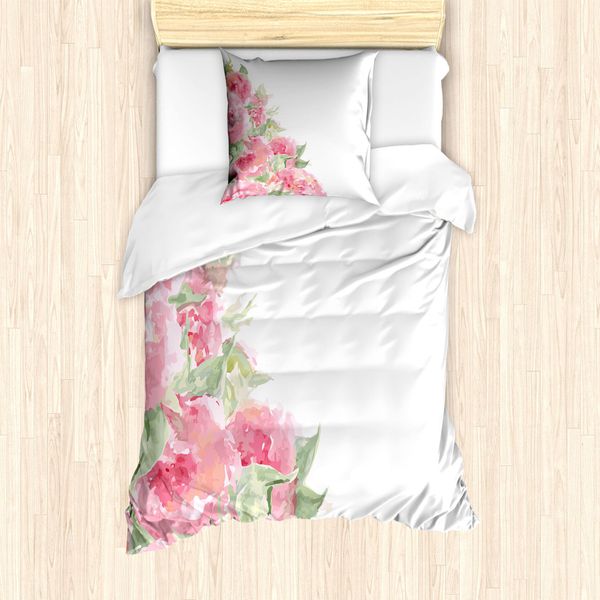 Abakuhaus Set Copripiumino Per Letto Singolo, Motivo Floreale Acquerellato, Antiacaro E Anallergico, Con Federa, 135 Cm X 200 Cm - 80 X 80 Cm, Verde Rubino-image