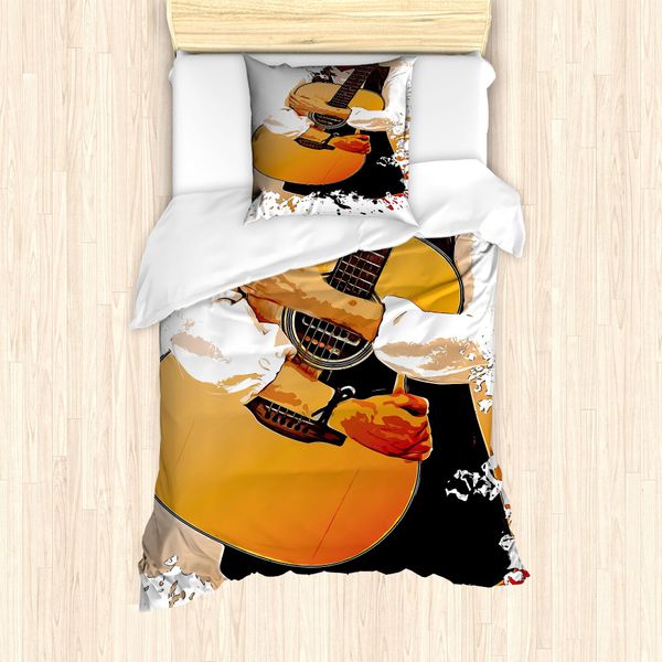 Abakuhaus Set Copripiumino Rock'n'Roll Per Letti Singoli, Con Chitarra, Antiacaro, Adatto A Chi Soffre Di Allergie, Con Federa, 135 Cm X 200 Cm - 80 X 80 Cm, Albicocca E Multicolore-image