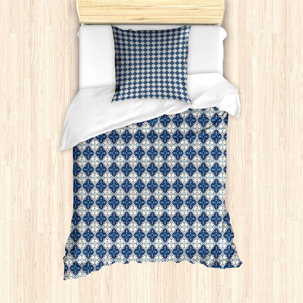 Abakuhaus Set Copripiumino Marocchino Per Letti Singoli, Patchwork Ispirato Ai Fiori, Antiacaro, Adatto A Chi Soffre Di Allergie, Con Federa, 135 Cm X 200 Cm - 80 X 80 Cm, Blu Cielo Scuro Avorio-image