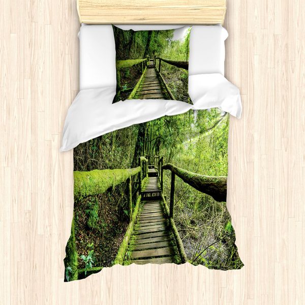 Abakuhaus Set Copripiumino Per Letti Singoli, Foresta Pluviale A Inthanon, Antiacaro, Adatto A Chi Soffre Di Allergie, Con Federa, 135 Cm X 200 Cm - 80 X 80 Cm, Verde Marrone-image