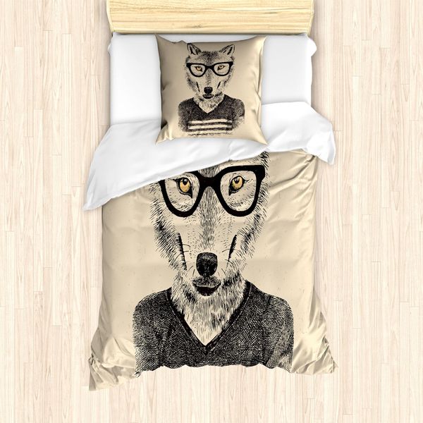 Set Copripiumino Abakuhaus Hipster Per Letti Singoli, Lupo E Occhiali Disegnati A Mano, Antiacaro, Adatto A Chi Soffre Di Allergie, Con Federa, 135 Cm X 200 Cm - 80 X 80 Cm, Beige Coke Grigio-image