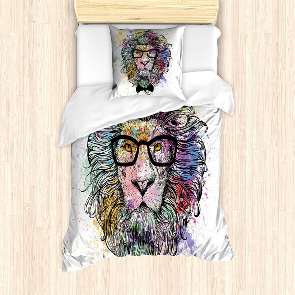 Set Copripiumino Hipster Abakuhaus Per Letti Singoli, Lion Bow Creative-Spritzer, Antiacaro, Adatto A Chi Soffre Di Allergie, Con Federa, 135 Cm X 200 Cm - 80 X 80 Cm, Multicolore-image