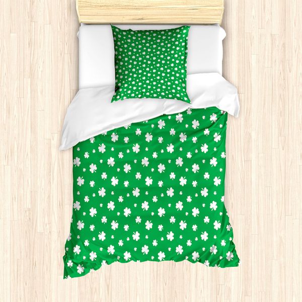 Abakuhaus Set Copripiumino Per Letto Singolo, Motivo A Trifogli, Antiacaro E Anallergico, Con Federa, 135 Cm X 200 Cm - 80 X 80 Cm, Verde E Bianco-image