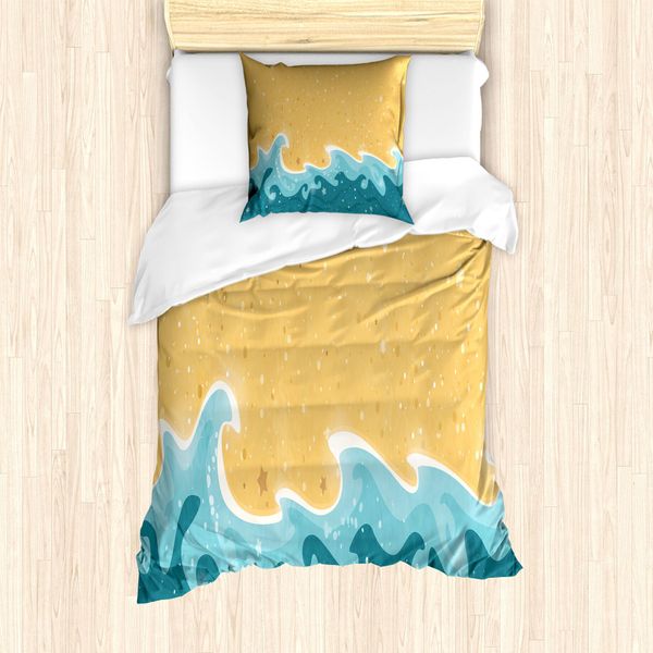 Abakuhaus Set Copripiumino Con Motivo Grafico Per Letti Singoli, Grange Waves Sterne, Antiacaro, Adatto A Chi Soffre Di Allergie, Con Federa, 135 Cm X 200 Cm - 80 X 80 Cm, Senape Benzina Blu-image