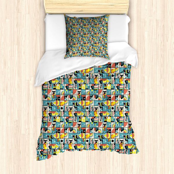 Abakuhaus Set Copripiumino Artistico Per Letti Singoli, Design A Quadrati, Antiacaro, Adatto A Chi Soffre Di Allergie, Con Federa, 135 Cm X 200 Cm - 80 X 80 Cm, Multicolore-image