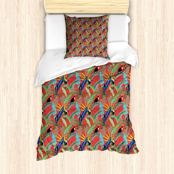 Abakuhaus Set Copripiumino Tukan Per Letti Singoli, Uccelli Tropicali Della Foresta Pluviale, Antiacaro, Adatto A Chi Soffre Di Allergie, Con Federa, 135 Cm X 200 Cm - 80 X 80 Cm, Salmone Scuro Multicolore-image