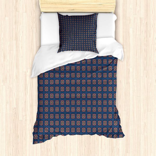 Abakuhaus Set Copripiumino Marocchino Per Letti Singoli, Tradizionale Orientale Floreale, Antiacaro, Adatto A Chi Soffre Di Allergie, Con Federa, 135 Cm X 200 Cm - 80 X 80 Cm, Blu Cielo Scuro Multicolore-image