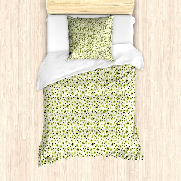 Abakuhaus Set Copripiumino Per Letto Singolo Con Motivo Floreale E Insetti, Antiacaro E Anallergico, Con Federa, 135 Cm X 200 Cm - 80 X 80 Cm, Verde Mela-Giallo-image
