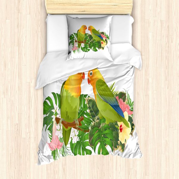 Abakuhaus Set Copripiumino Giallo Per Letti Singoli, Parrot Botanical Ast, Antiacaro, Adatto A Chi Soffre Di Allergie, Con Federa, 135 Cm X 200 Cm - 80 X 80 Cm, Multicolore-image