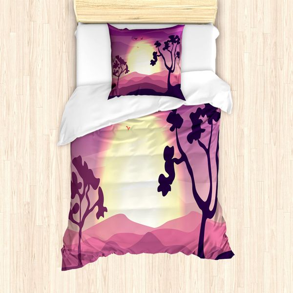 Abakuhaus Set Copripiumino Naturale Per Letti Singoli, Gradient Landscape, Antiacaro, Adatto A Chi Soffre Di Allergie, Con Federa, 135 Cm X 200 Cm - 80 X 80 Cm, Pale Fuchsia Aubergine-image