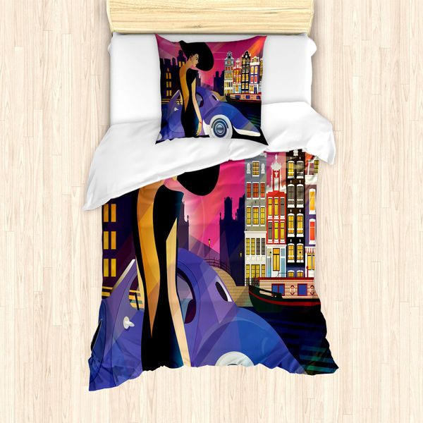 Abakuhaus Set Copripiumino Astratto Per Letto Singolo, Paesaggio Urbano Antiacaro, Adatto A Chi Soffre Di Allergie, Con Federa, 135 Cm X 200 Cm - 80 X 80 Cm, Multicolore Grigio Antracite-image