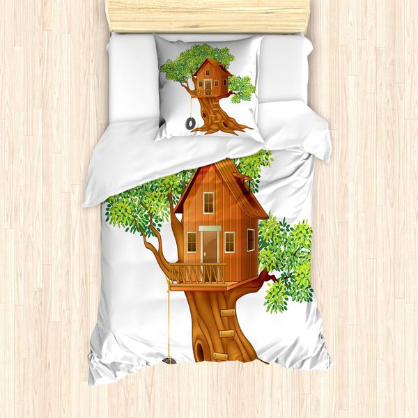 Abakuhaus Set Copripiumino Per Letto Singolo, Casetta Sull'albero, Antiacaro, Adatto A Chi Soffre Di Allergie, Con Federa, 135 Cm X 200 Cm - 80 X 80 Cm, Pale Caramel LindgrüN-image