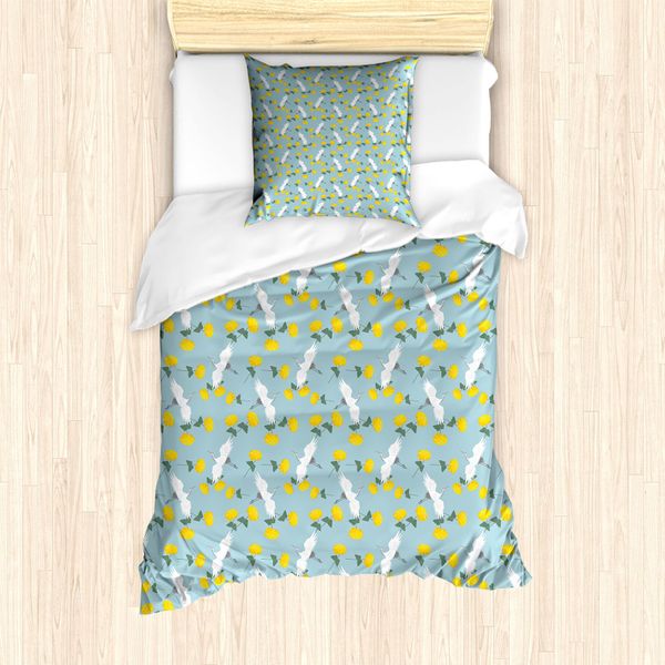 Abakuhaus Set Copripiumino Giallo Con Uccelli Per Letti Singoli, Gru E Fiori, Antiacaro, Adatto A Chi Soffre Di Allergie, Con Federa, 135 Cm X 200 Cm - 80 X 80 Cm, Azzurro E Giallo-image