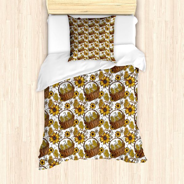 Abakuhaus Set Copripiumino Giallo Per Letti Singoli, Galline Nei Cestini, Antiacaro, Adatto A Chi Soffre Di Allergie, Con Federa, 135 Cm X 200 Cm - 80 X 80 Cm, Multicolore-image