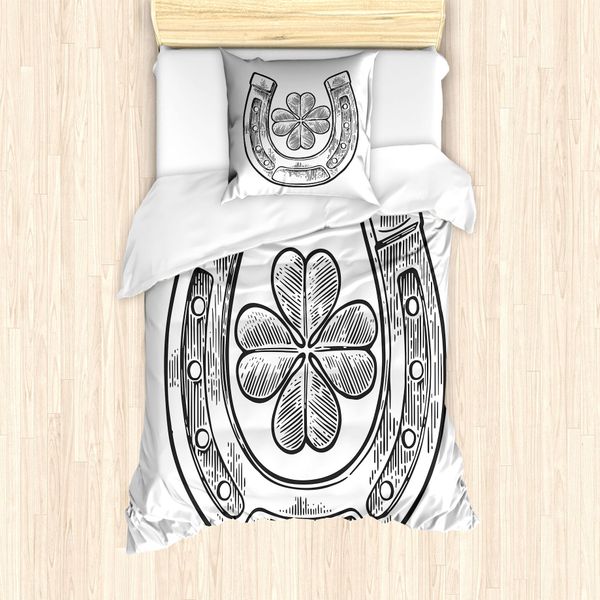 Abakuhaus Set Copripiumino A Quadrifoglio Per Letti Singoli, Immagine Shamrock E Horseshoe, Antiacaro, Adatto A Chi Soffre Di Allergie, Con Federa, 135 Cm X 200 Cm - 80 X 80 Cm, Grigio Antracite E Bianco-image