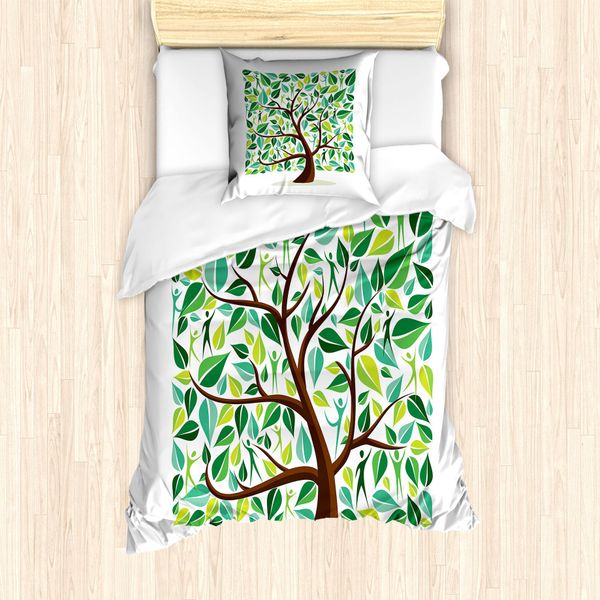 Abakuhaus Set Copripiumino Naturale Per Letti Singoli, Foglie Quadrate Silhouette, Antiacaro, Adatto A Chi Soffre Di Allergie, Con Federa, 135 Cm X 200 Cm - 80 X 80 Cm, Verde Mare Verde Lime-image