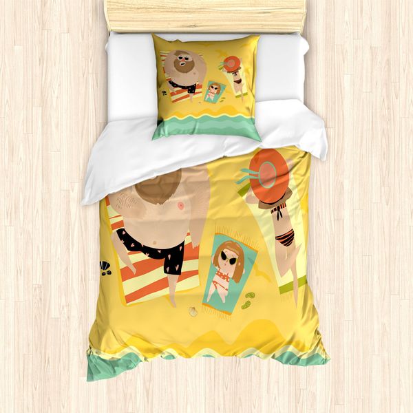 Abakuhaus Set Copripiumino Grafico Per Letti Singoli, Happy Family Mare, Antiacaro, Adatto A Chi Soffre Di Allergie, Con Federa, 135 Cm X 200 Cm - 80 X 80 Cm, Senape Multicolore-image