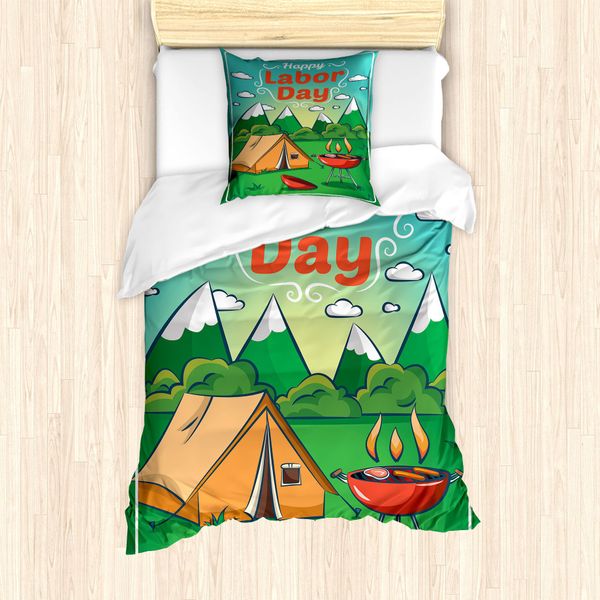Abakuhaus Set Copripiumino Per Letto Singolo, Paesaggio Montano, Antiacaro, Adatto A Chi Soffre Di Allergie, Con Federa, 135 Cm X 200 Cm - 80 X 80 Cm, Fern Green Multicolor-image