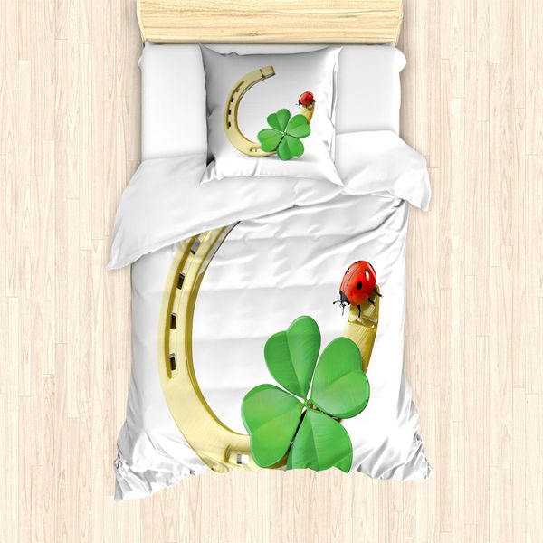 Abakuhaus Set Copripiumino A Quadrifoglio Per Letti Singoli, Horseshoe Ladybug Shamrock, Antiacaro, Adatto A Chi Soffre Di Allergie, Con Federa, 135 Cm X 200 Cm - 80 X 80 Cm, Grigio Giallo Vermiglio-image