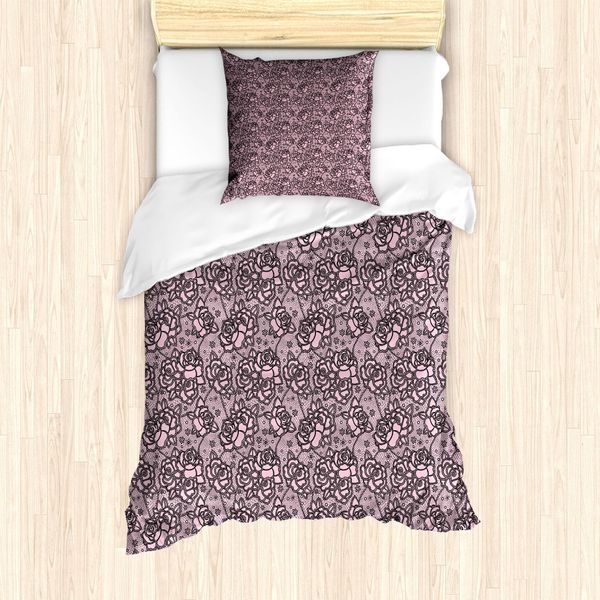 Abakuhaus Set Copripiumino Per Letti Singoli, Pizzo Con Motivo Floreale Rosa, Antiacaro E Anallergico, Con Federa, 135 Cm X 200 Cm - 80 X 80 Cm, Rosa Pallido E Grigio Antracite-image