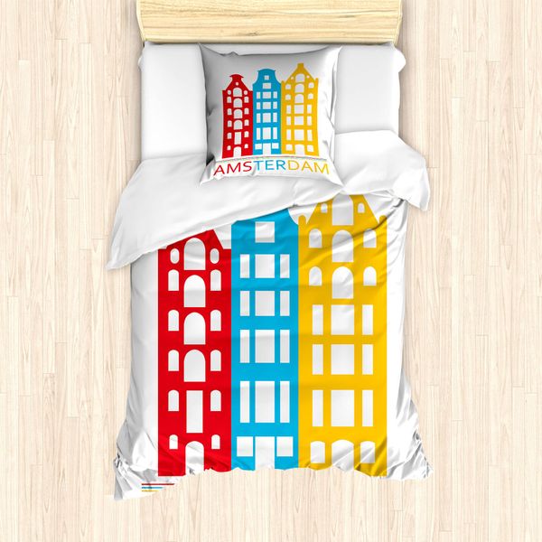 Abakuhaus Amsterdam Set Copripiumino Per Letti Singoli, Amsterdam Wording Houses, Antiacaro, Adatto A Chi Soffre Di Allergie, Con Federa, 135 Cm X 200 Cm - 80 X 80 Cm, Bianco Multicolore-image