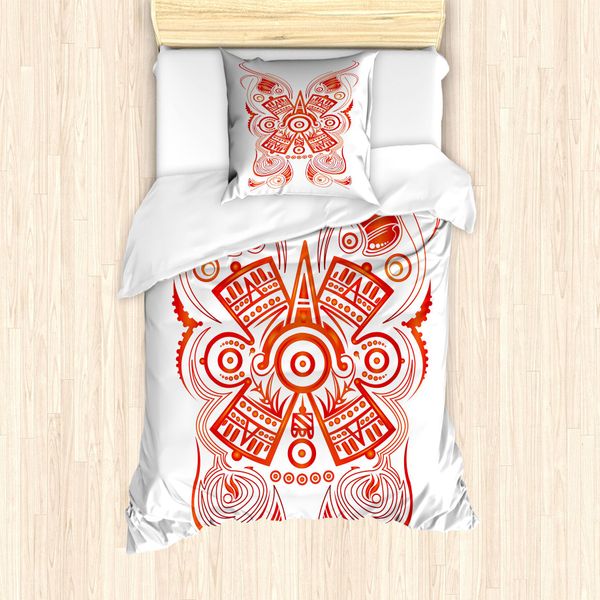 Abakuhaus Set Copripiumino Etnico Per Letti Singoli, Motivi Simbolici Maya Aztec, Antiacaro, Adatto A Chi Soffre Di Allergie, Con Federa, 135 Cm X 200 Cm - 80 X 80 Cm, Bianco Vermiglio-image