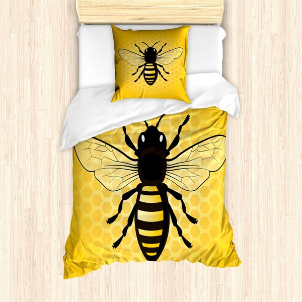 Abakuhaus Set Copripiumino Queen Bee Per Letti Singoli, Dettaglio Con Insetti, Antiacaro, Adatto A Chi Soffre Di Allergie, Con Federa, 135 Cm X 200 Cm - 80 X 80 Cm, Terra Giallo Grigio-image