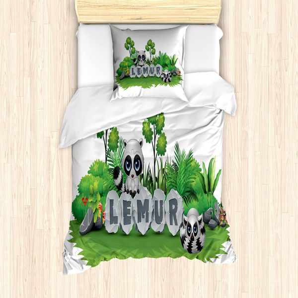 Abakuhaus Set Copripiumino Per Letto Singolo, Animali Della Foresta Del Madagascar, Antiacaro, Adatto A Chi Soffre Di Allergie, Con Federa, 135 Cm X 200 Cm - 80 X 80 Cm, Grigio Lime Verde-image