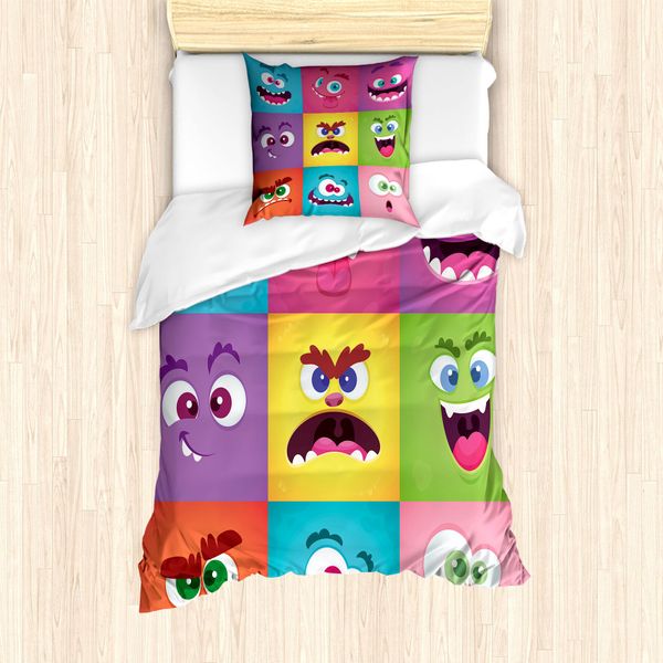 Abakuhaus Set Copripiumino Colorato Per Letti Singoli, Humorous Alien Squares, Antiacaro, Adatto A Chi Soffre Di Allergie, Con Federa, 135 Cm X 200 Cm - 80 X 80 Cm, Multicolore-image