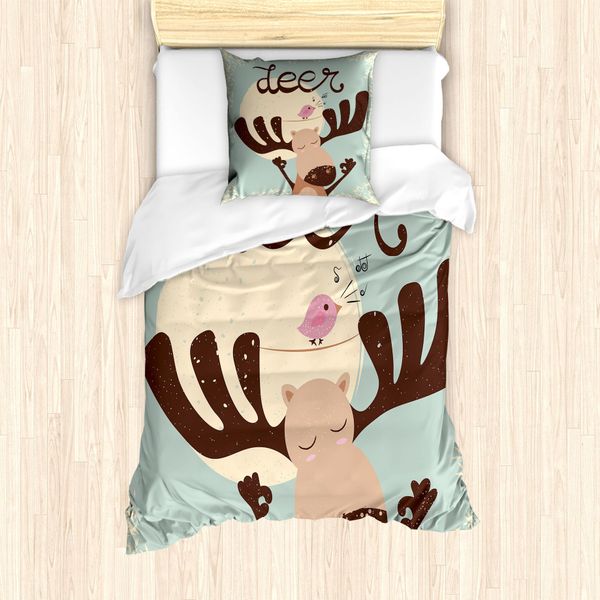 Abakuhaus Set Copripiumino Wild Jagen Per Letti Singoli, Caricatura Di Uccello Renna, Antiacaro, Adatto A Chi Soffre Di Allergie, Con Federa, 135 Cm X 200 Cm - 80 X 80 Cm, Pale Seafoam Brown-image