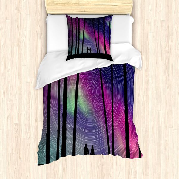 Abakuhaus Set Copripiumino Astratto Per Letto Singolo, Scena Boschiva Cosmica, Antiacaro, Adatto A Chi Soffre Di Allergie, Con Federa, 135 Cm X 200 Cm - 80 X 80 Cm, Multicolore Grigio Antracite-image