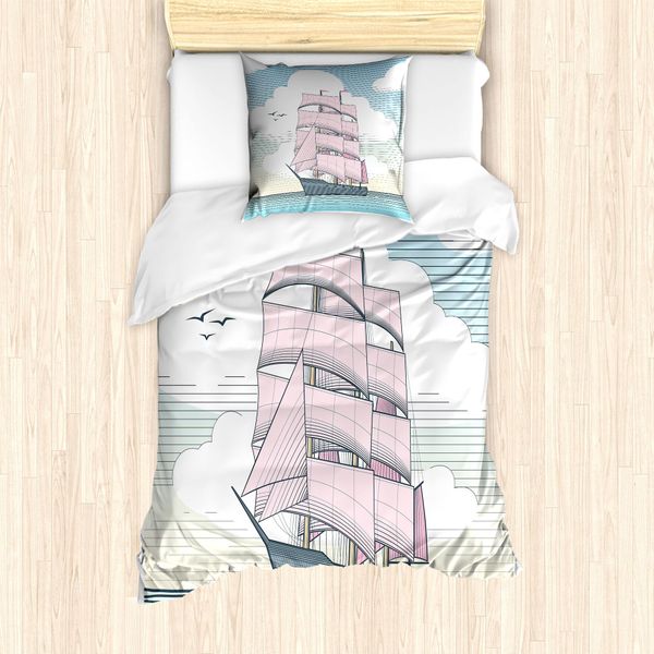 Abakuhaus Set Copripiumino Vintage Nautical Tattoo Per Letti Singoli, Dreamy Windjammer, Antiacaro E Anallergico Con Federa, 135 Cm X 200 Cm - 80 X 80 Cm, Avorio Rosa Pastello-image