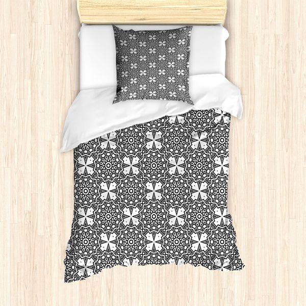Abakuhaus Set Copripiumino Antico Orientale Per Letti Singoli, Monocromatico Tribale, Antiacaro, Adatto A Chi Soffre Di Allergie, Con Federa, 135 Cm X 200 Cm - 80 X 80 Cm, Grigio Antracite E Bianco-image