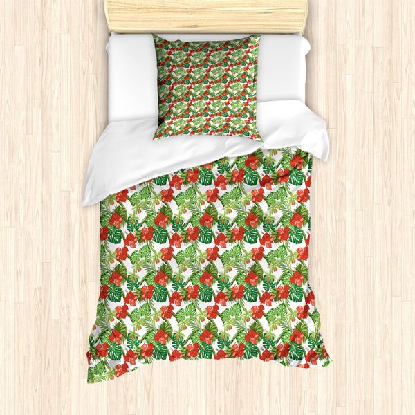 Abakuhaus Set Copripiumino Per Letto Singolo, Endemisch Blumen Botanik, Antiacaro, Adatto A Chi Soffre Di Allergie, Con Federa, 135 Cm X 200 Cm - 80 X 80 Cm, Verde Vermiglio E Verde Lime-image